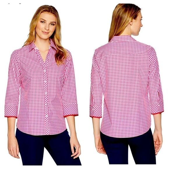 AS NEW Foxcroft No-Iron Pink & White Gingham Shirt - Picture 1 of 8